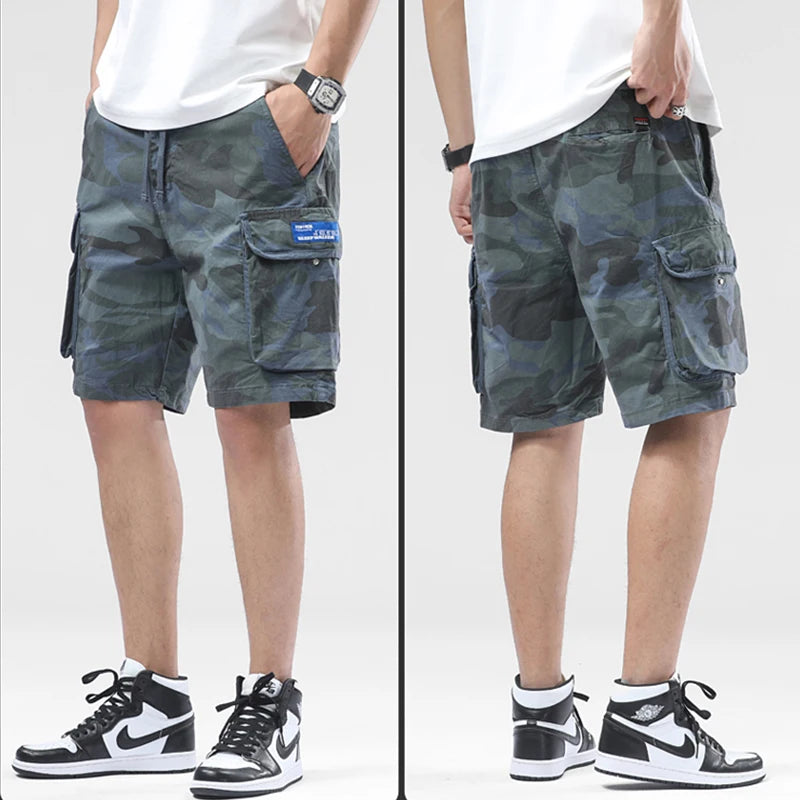 New Men Summer Outdoor Leisure Camouflage Comfortable Shorts Men Elastic Waist Loose Straight High-Quality Design Shorts Male