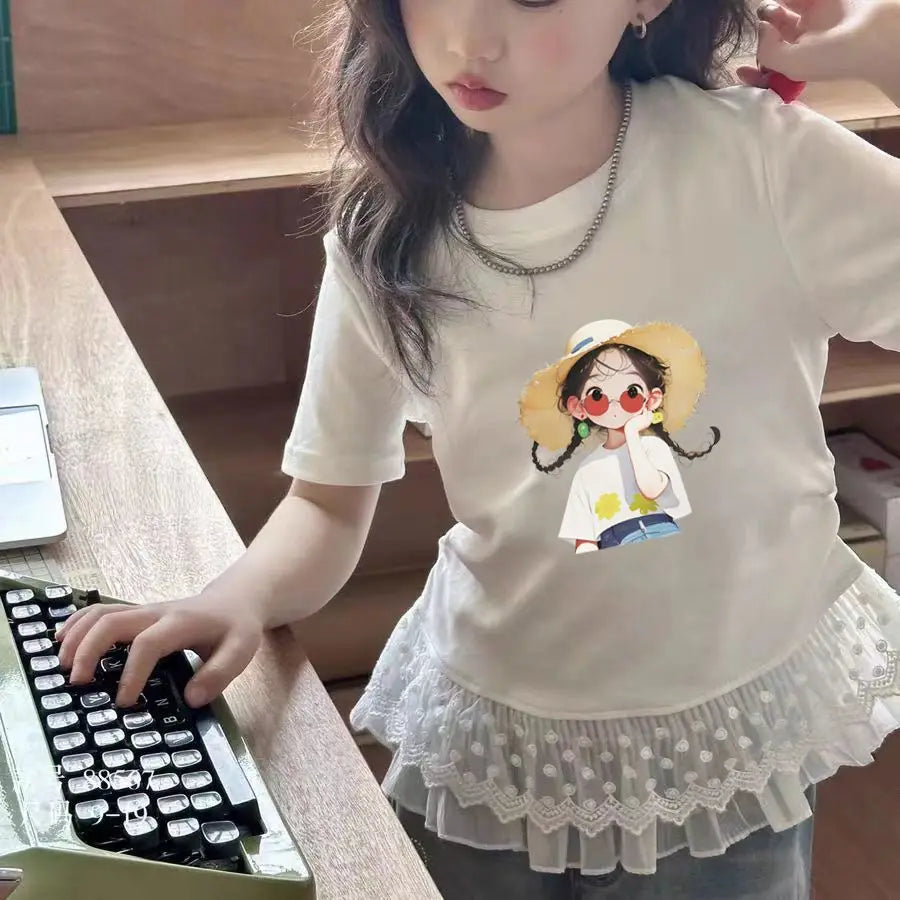 Childrens clothing baby girls summer casual lace t-shirt 2025 short sleeved Lace splicing new white tops 3-12 kids clothes