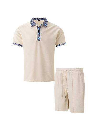 2026 Men Europe and the United States new summer Waffle solid color zip-up lapel short-sleeve suit shorts two sets