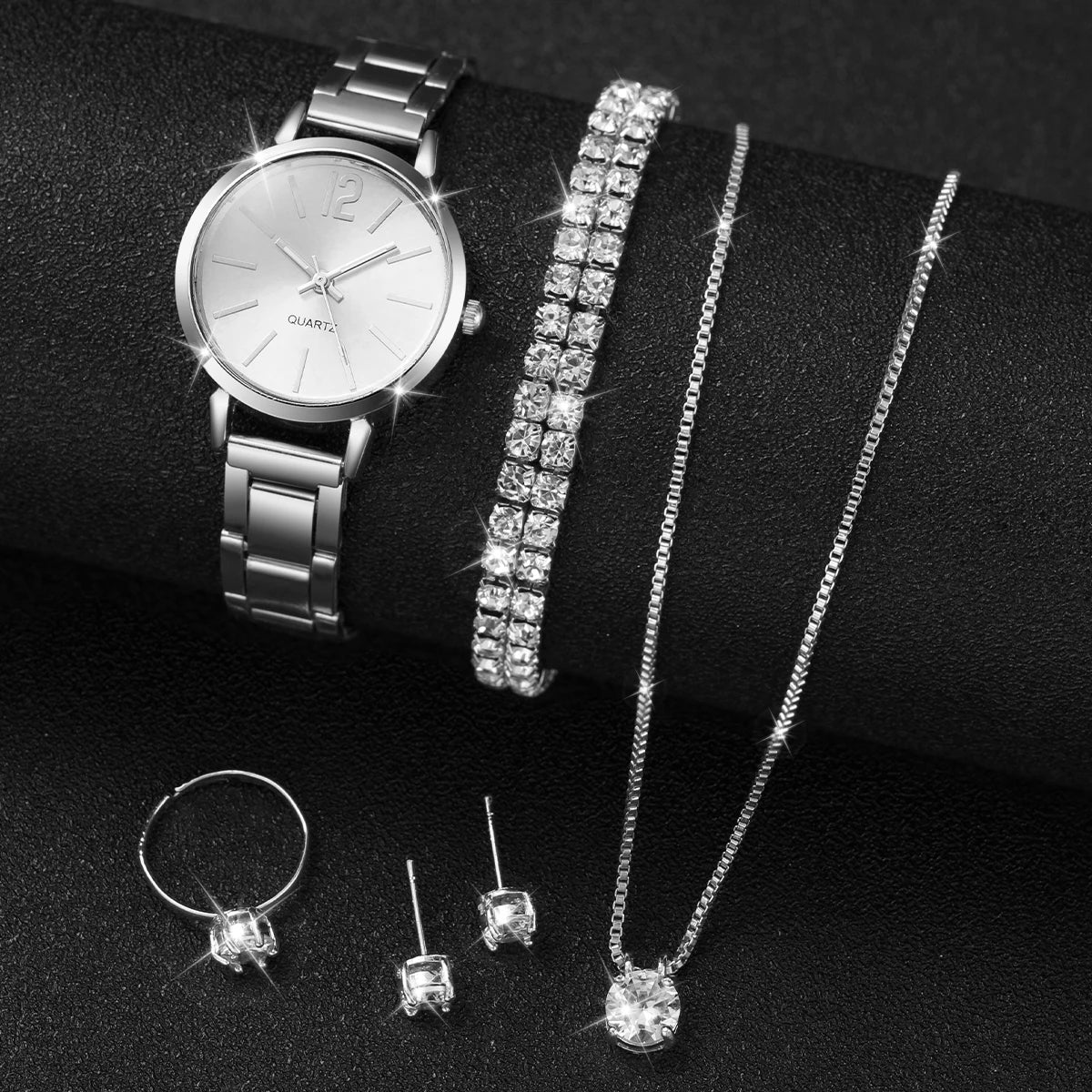 6PCS/Set Fashion Women's Quartz Watch Stainless Steel Band Wrist Watches Diamond Jewelry Set(Without Box)