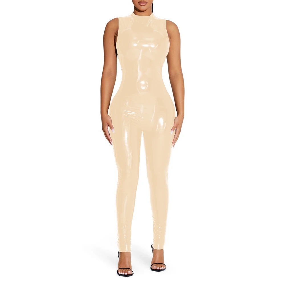 PVC Sleeveless Jumpsuit for Ladies, Wet Look, Shiny Patent Leather, O-Neck Bodycon, Tank Catsuit, Stretch Slim Rompers, Sexy
