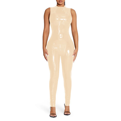 PVC Sleeveless Jumpsuit for Ladies, Wet Look, Shiny Patent Leather, O-Neck Bodycon, Tank Catsuit, Stretch Slim Rompers, Sexy