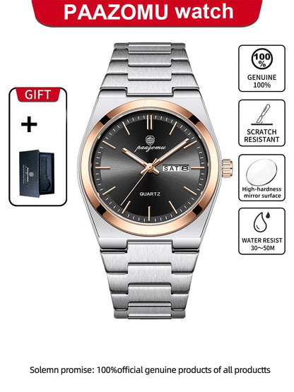 PAAZOMU Fashion Men's Quartz Watch Stainless Steel Waterproof Luminous Man Watch Chronograph Date Multifunction Watches For Men