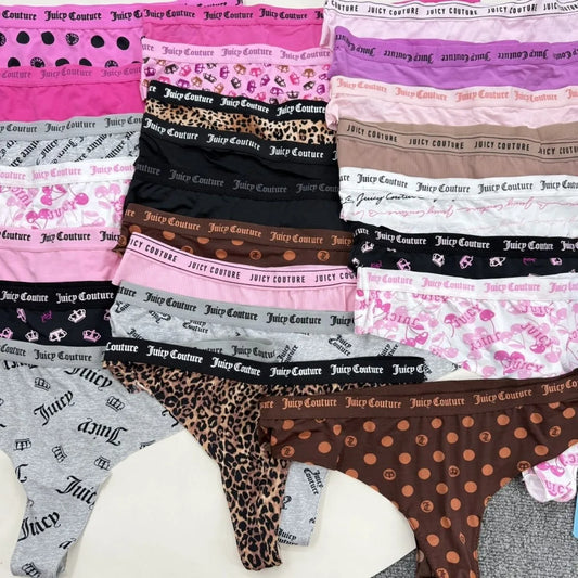 Juicy Couture Women's Seamless Thong Multipack Logo Elastic Waistband Print & Solid G-String Panties Sexy Lingerie Set