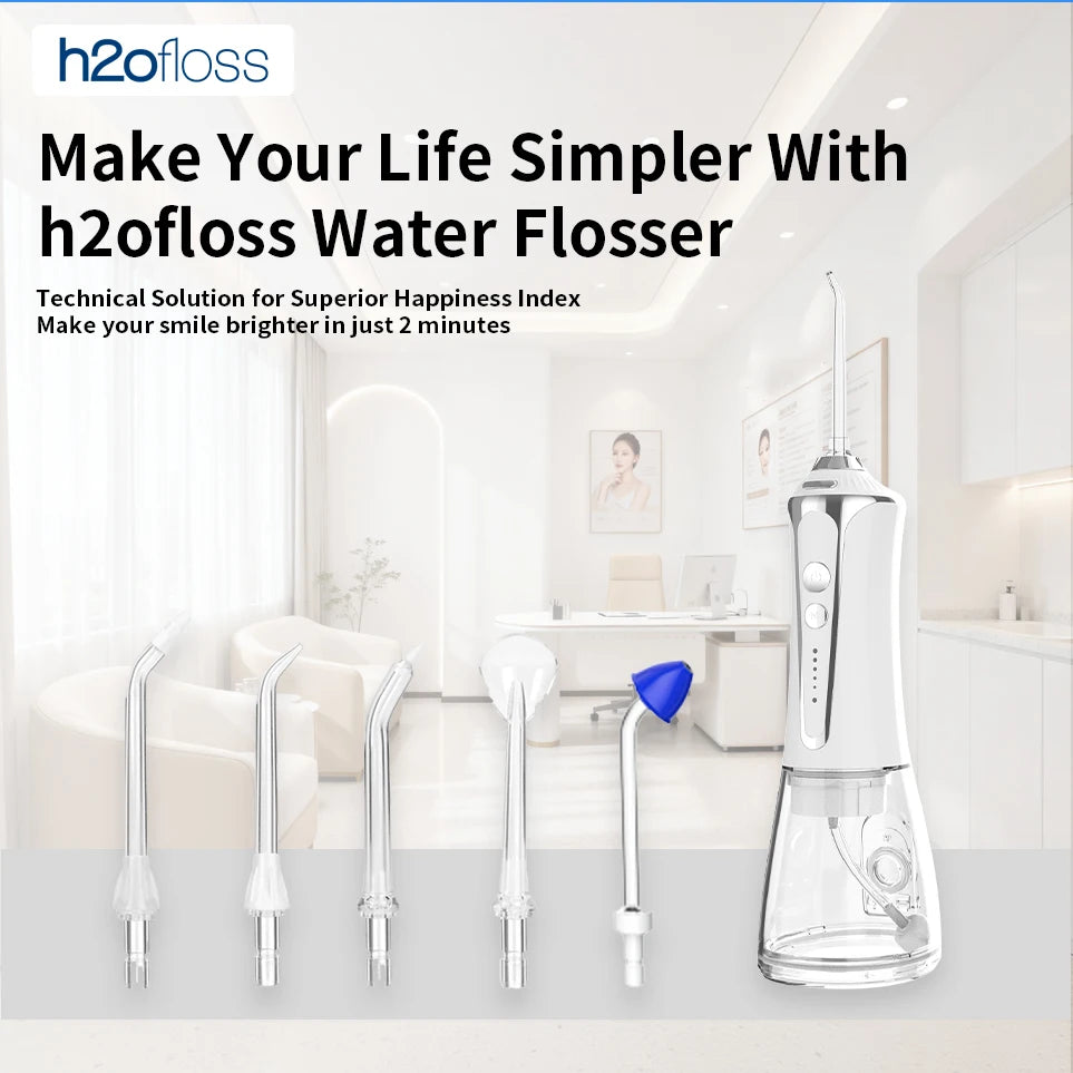 H2ofloss Oral Irrigator Water Flosser 140PSI High Pressure Water-Proof Design 300ml 5 Modes 5 Nozzles for Dental Cleaning