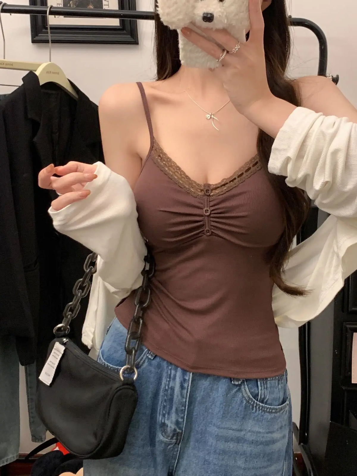 Pure Desire Sexy Lace Splice Strap Vest Women's Inner Wear Slimming Matching Top Trendy Tube Top Cotton Blend Elastic Fiber