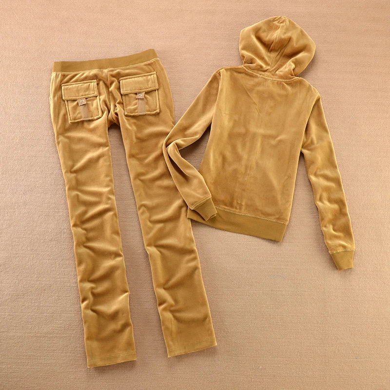 Solid Color Velvet Tracksuit 2025 Women's Zipper Top and Pants Suit Two-Piece Set