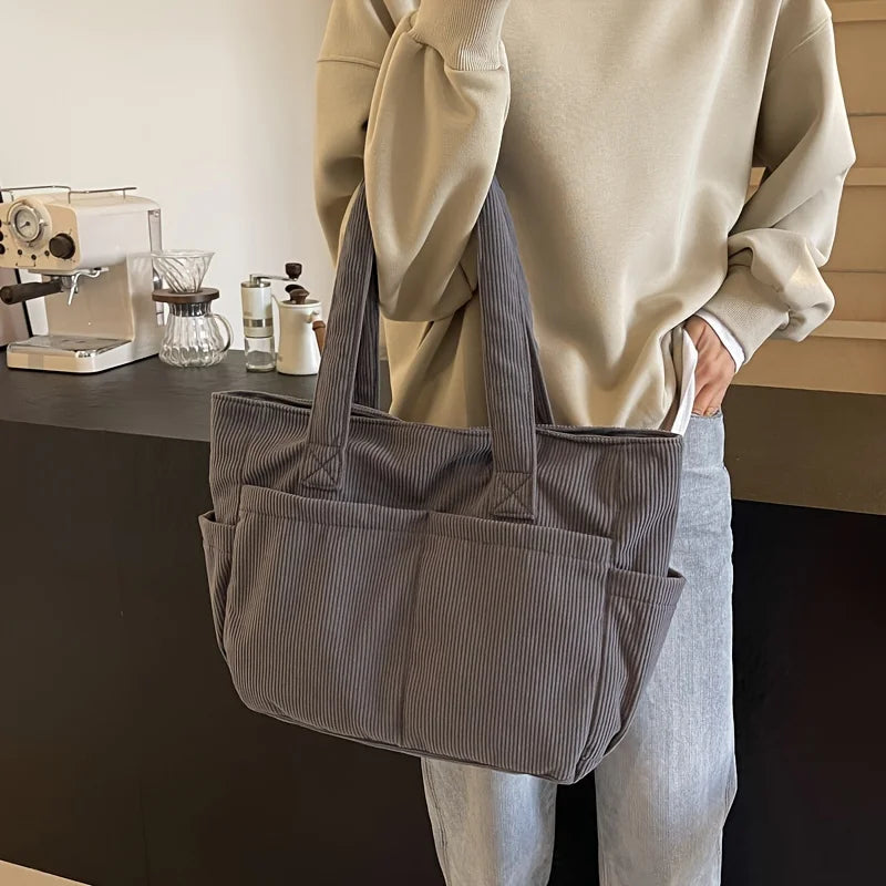 Large Capacity Women's Corduroy Tote Bag Casual Striped Shoulder Bag with Fixed Straps Zipper Handbag for Daily Commuting