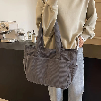 Large Capacity Women's Corduroy Tote Bag Casual Striped Shoulder Bag with Fixed Straps Zipper Handbag for Daily Commuting