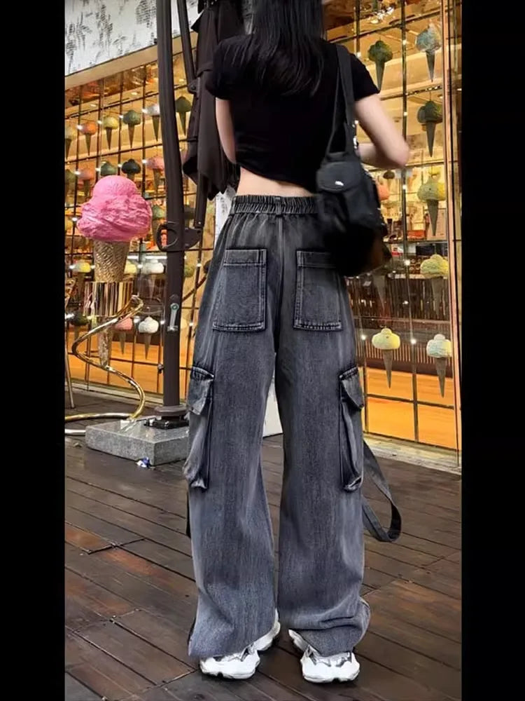 American Retro Washed Black Hole Denim Pants Women's Style 2026 Autumn New Street Design Wide Leg Pants High Waist Straight Leg