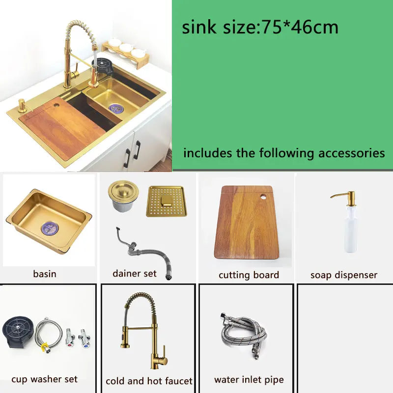 Gold Waterfall Faucet Kitchen Sink Nano Sink 304 Stainless Steel Golden Topmount Single Bowl Wash Basin 4 Function Kitchen Faucet