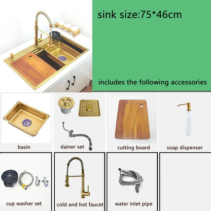 Gold Waterfall Faucet Kitchen Sink Nano Sink 304 Stainless Steel Golden Topmount Single Bowl Wash Basin 4 Function Kitchen Faucet