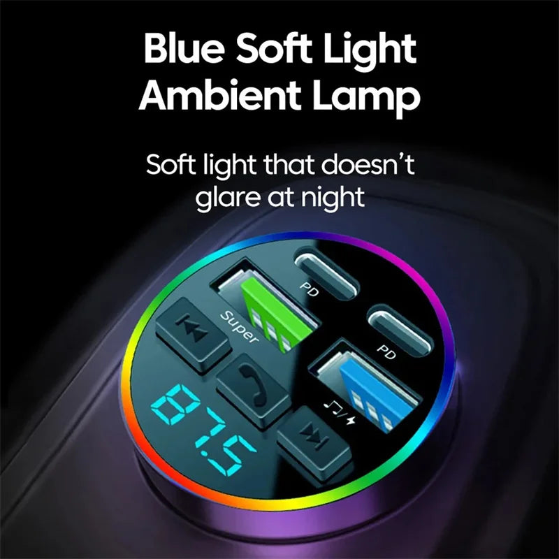 KEBIDUMEI 66W Fast Charge Bluetooth 5.0 FM Transmitter 4 Ports (Dual USB+Type-C) RGB Ambient Light Handsfree Car MP3 Player