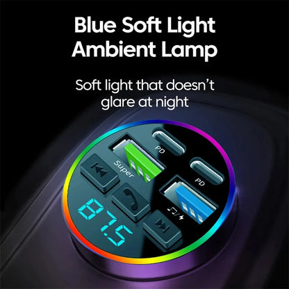 KEBIDUMEI 66W Fast Charge Bluetooth 5.0 FM Transmitter 4 Ports (Dual USB+Type-C) RGB Ambient Light Handsfree Car MP3 Player