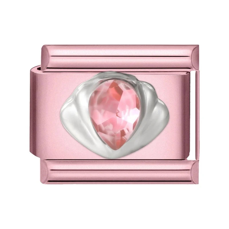 2025 New Women Romantic Pink Cherry Heart Shiny CZ Italian Charm Links Fit 9mm Bracelet Stainless Steel DIY Making Jewelry Gifts
