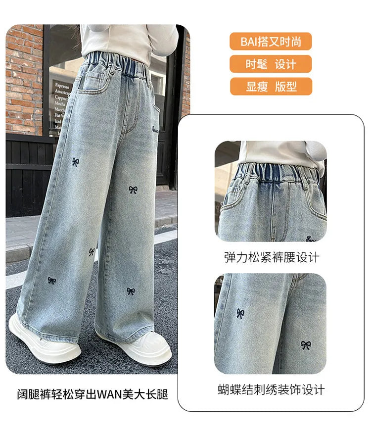 New 4-14 Years Spring Autumn Teenage Girls Jeans Full Print Bow Embroidery Fashion Wide-leg Denim Pants For Kids