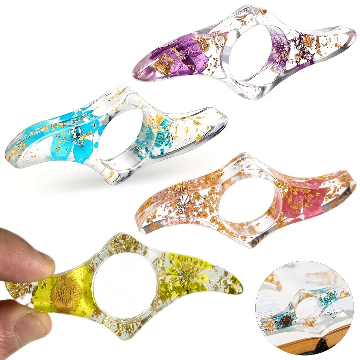 1/2/3 Pcs Dried Flower Resin Book Page Holders Colorful Clear Thumb Rings Book Page Holder Bookmark Gift for School Office Women