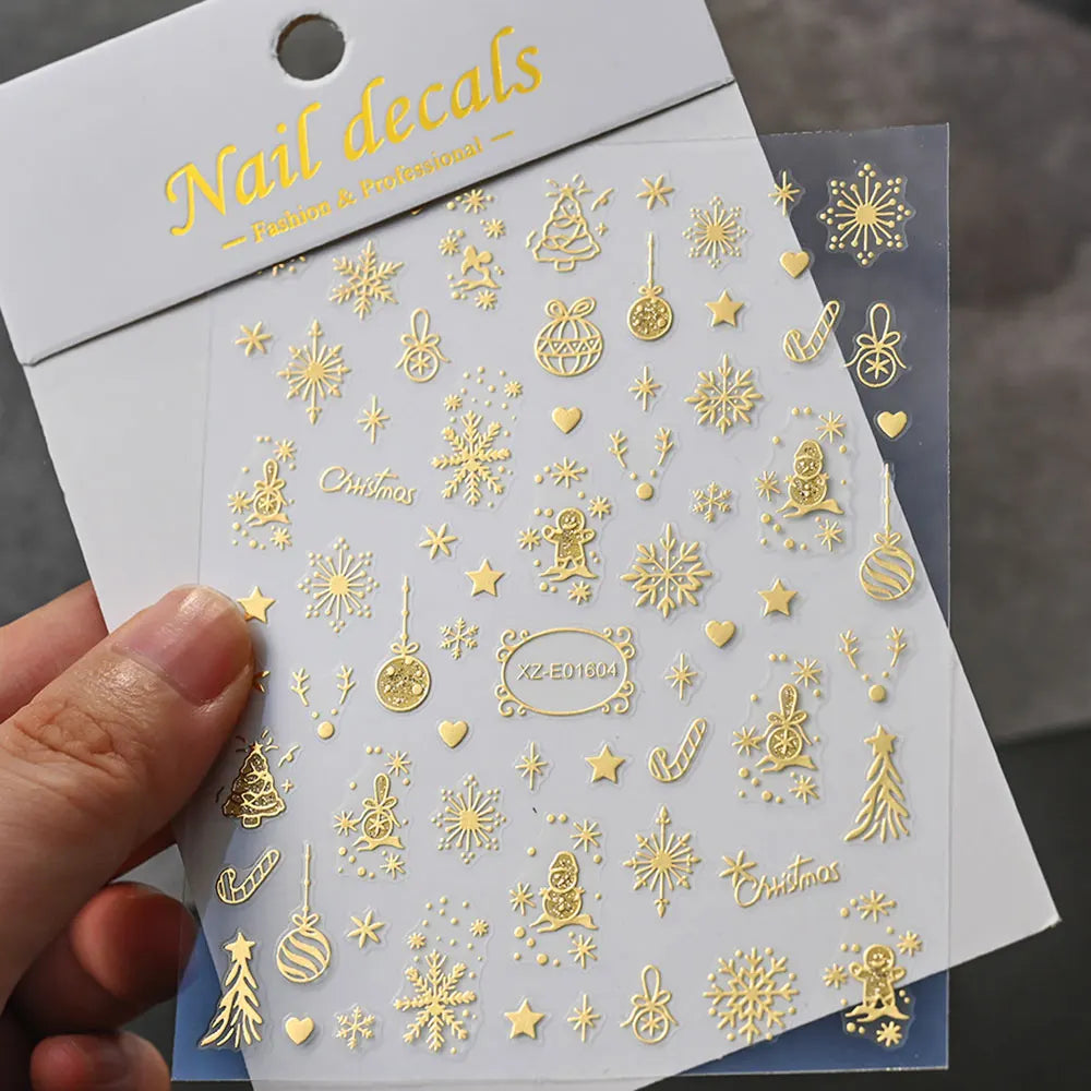 5D Embossed Gold Castle/Garland/Christmas Tree Nail Stickers White Snowflakes Bow Star Nail Decals Self-Adhesive Xmas Nail Decor