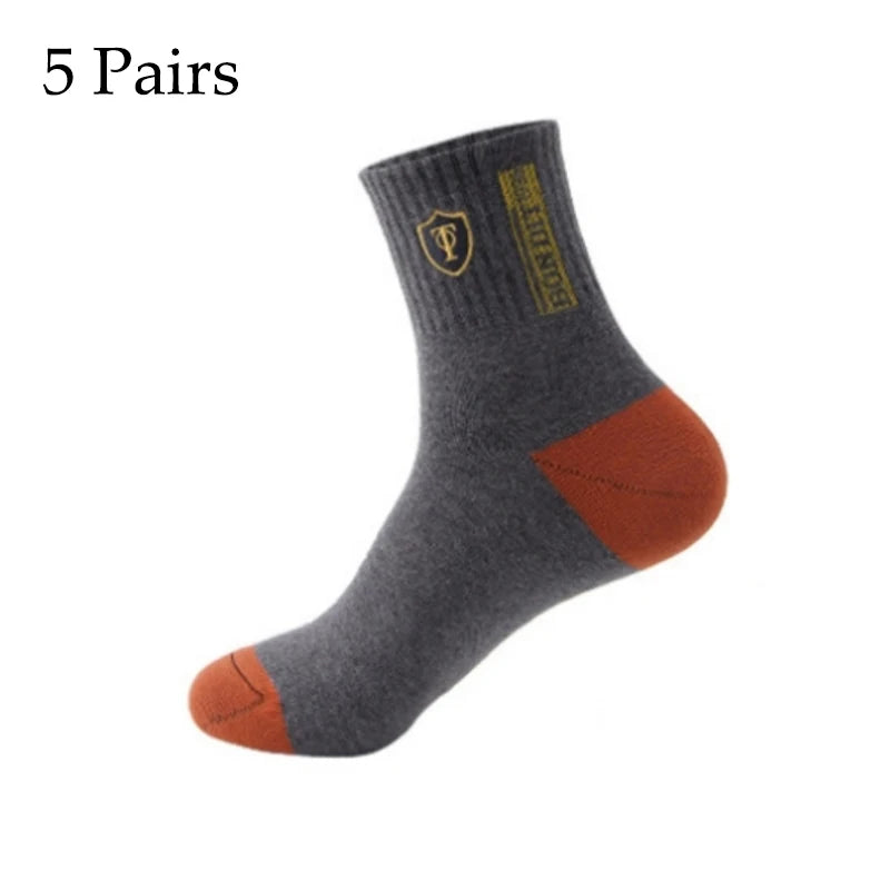 5 Pairs Cotton Sock for Men Sport Breathable Soft Letter Fashion Sneakers High Elastic Middle Tube Stocking Towel Sox Summer
