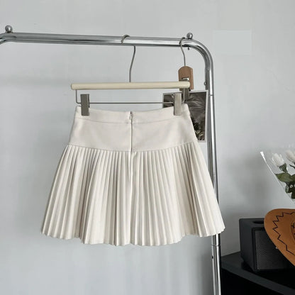 New Fashion Korean Elegant Pleated Mini Skirts Women Vintage Buttons Woolen Solid A-line High Waist Short Skirt Autumn Spring 