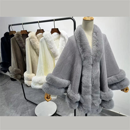 2024 Women 2 Circle Wraps Long Faux Rabbit Fur Cape Poncho Winter Loose Thick Warm Shawl Outerwear Knitted Cloak Overcoat