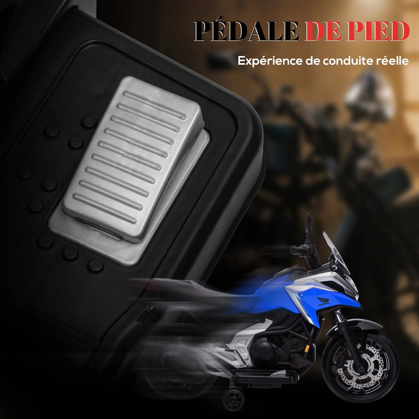 The electric motorcycle for children is equipped with two engines. Children aged 3 to 6 years can drive the motorbike with music and head. The size is 107x46x75cm and the load is 30kg.