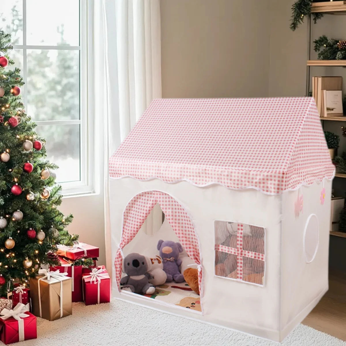 【Leisure and Entertainment】Large Children's Toy Castle, Pink Playhouse with Floral Design, Children's Pretend Play Tent, Kids' Secret Base and Sleeping Tent, Outdoor Beach Toy Playhouse, Holiday Gift for Boys and Girls, C