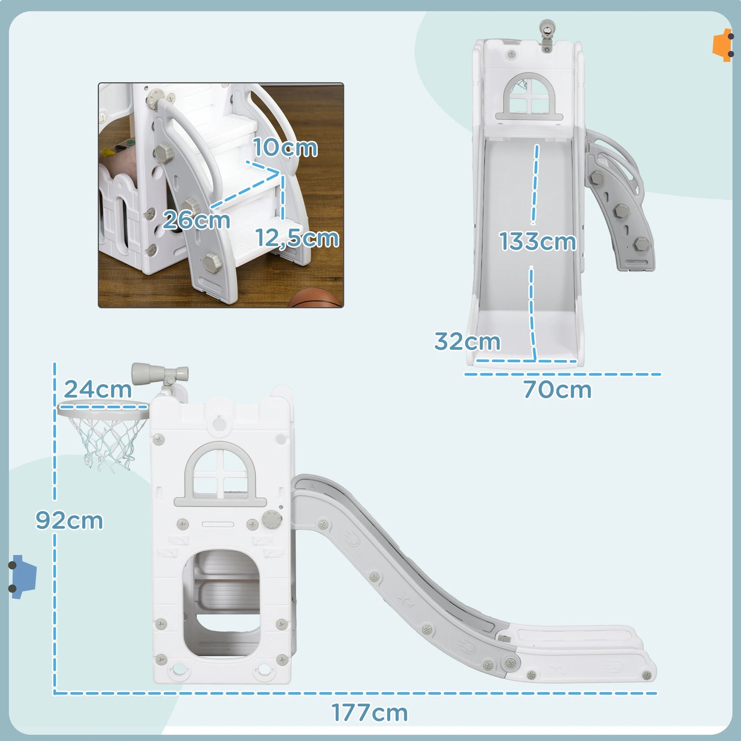 Children's Slide, 5 in 1, Toddler Slide with Basketball Hoop, Telescopic Climbing Frame Gray 70 X 177 X 92 cm, Children's Toy Slide, Toy Slide, Outdoor Slide
