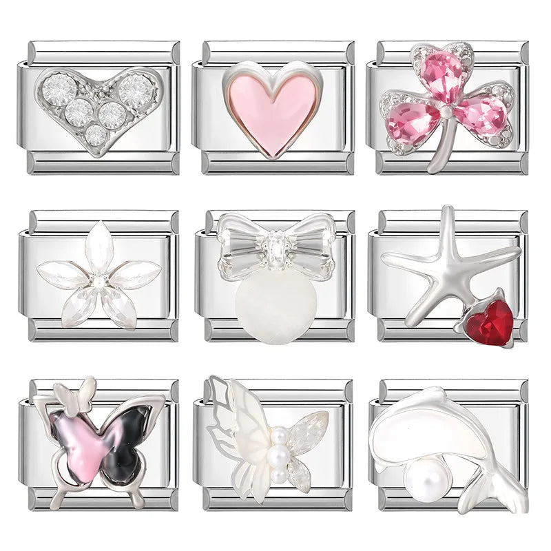 New Shiny Zircon Heart Butterfly Flower Star Bow Italian Charm Links Fit 9MM Stainless Steel Bracelet Girls' DIY Making Gift