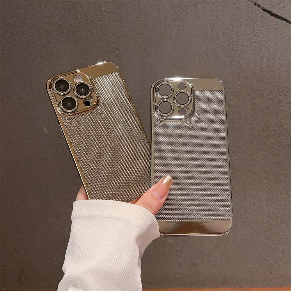 Luxury Plating Hollowed Out Case for iPhone 17 Pro 16 15 14 Pro Max Plus 13 12 Mini 11 17Air Heat Dissipation Shockproof Cover