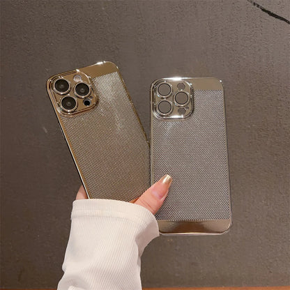 Luxury Plating Hollowed Out Case for iPhone 17 Pro 16 15 14 Pro Max Plus 13 12 Mini 11 17Air Heat Dissipation Shockproof Cover