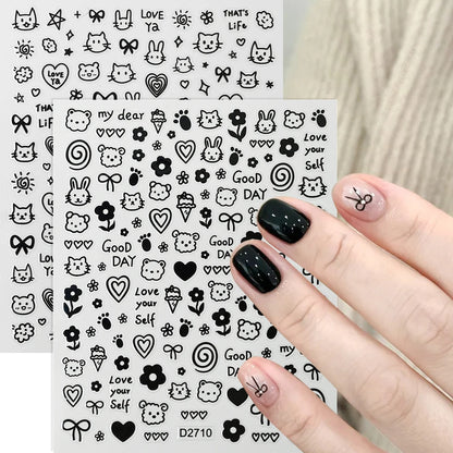 12sheet Cartoon Black Cat Nail Stickers Set Multiple Action Kawaii Puppy Kitten Nail Art Decals Adhesive Kids Manicure Decoratio