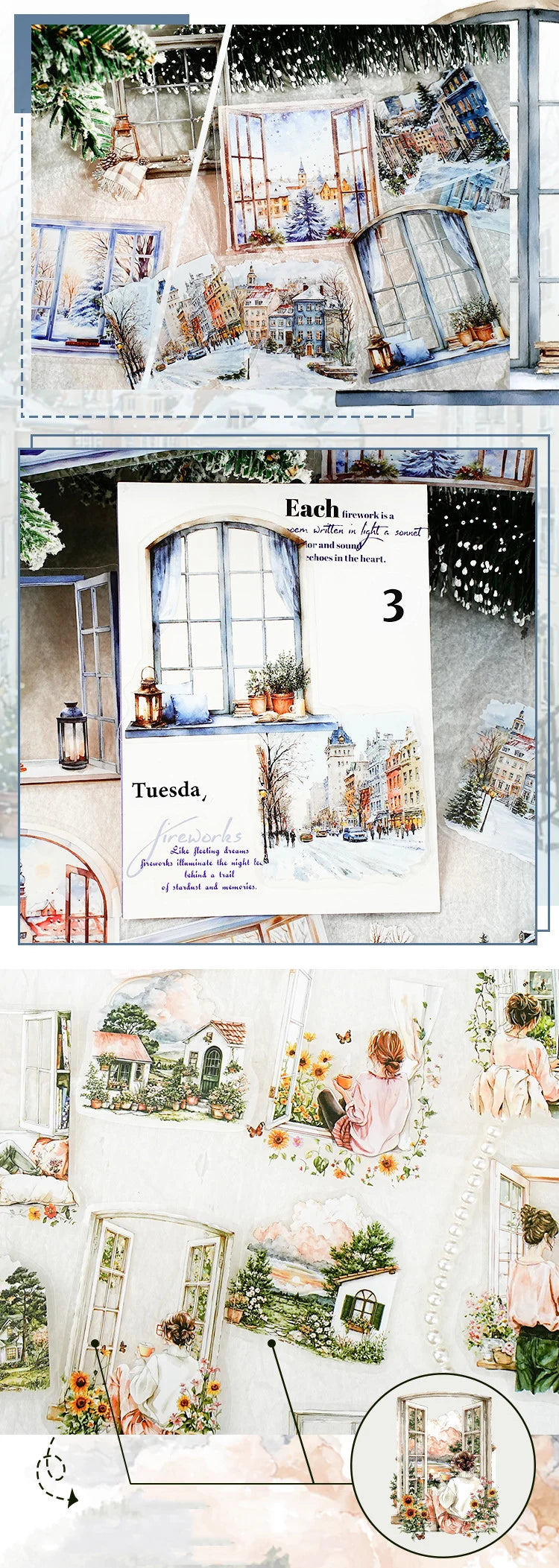 JIANWU Weather Window Series Vintage Plant Flower Landscape Material Collage PET Sticker Creative DIY Journal Stationery