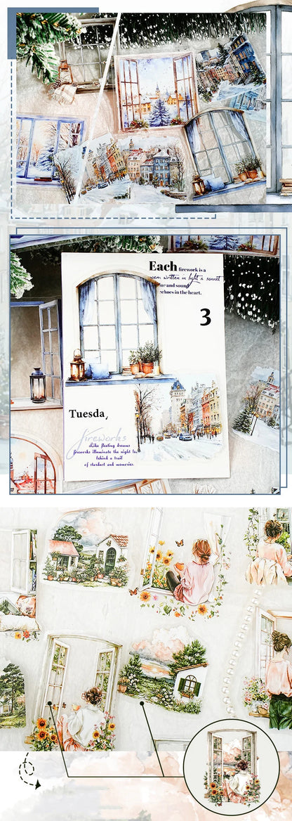 JIANWU Weather Window Series Vintage Plant Flower Landscape Material Collage PET Sticker Creative DIY Journal Stationery