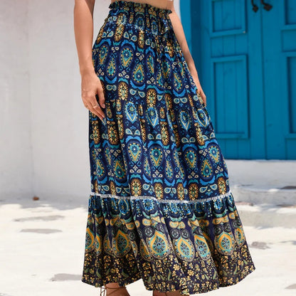 Women's Casual Temperament Skirt Women's Fashionable Bohemian Printed Elastic Waist Temperament Skirt Big Sway Temperament Skirt
