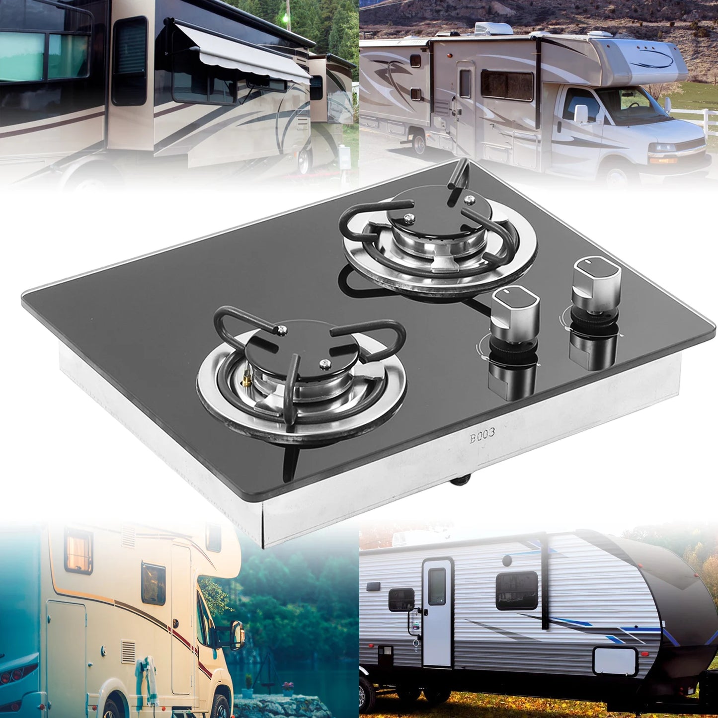 RV Gas Stove 2 Burners 1.8Kw Power Tempered Glass Panel Easy to Clean Gas Cook Top for Boat Caravan Camper