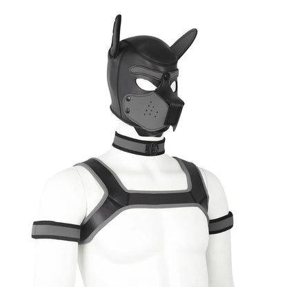 Large Size Puppy Cosplay Neoprene Fetish Hood Mask Kit with Chest Strap Collar Armband Sex Costumes for Bdsm Slave Role Play