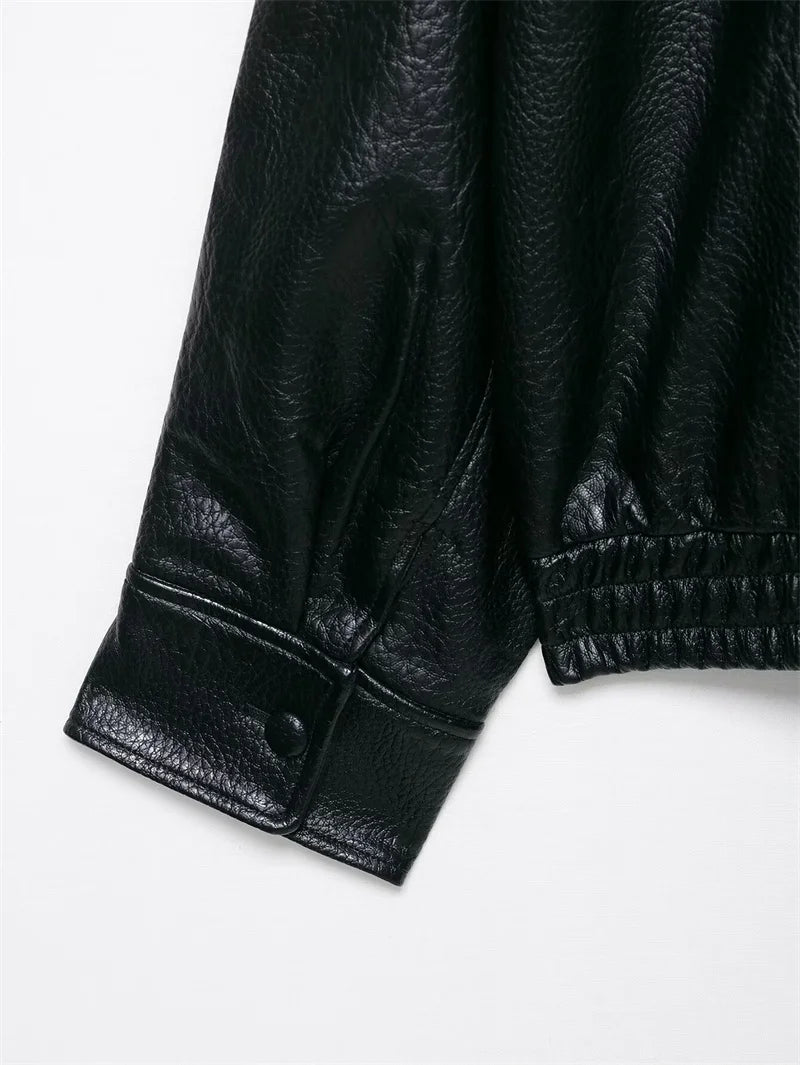 Women's Faux Leather Jacket 2025 New Fashion Autumn Black Long Sleeve Pebble Jacket Motorcycle Style Personality Ladies Jacket