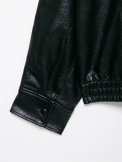 Women's Faux Leather Jacket 2025 New Fashion Autumn Black Long Sleeve Pebble Jacket Motorcycle Style Personality Ladies Jacket