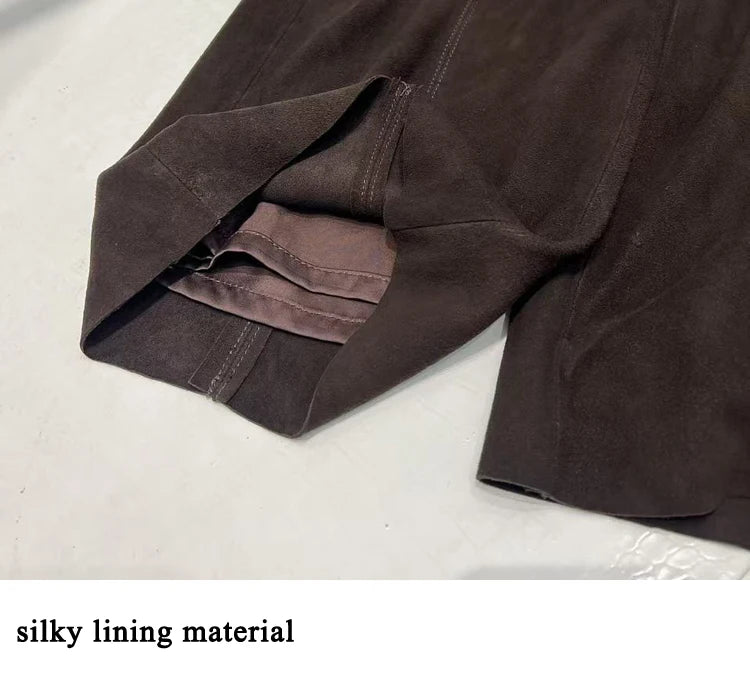 Retro Suede Leather Cropped Pants for Women Femae Genuine Leather Wide Leg Floor Long Trousers Straight Cylinder Spodnie Damskie