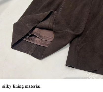 Retro Suede Leather Cropped Pants for Women Femae Genuine Leather Wide Leg Floor Long Trousers Straight Cylinder Spodnie Damskie