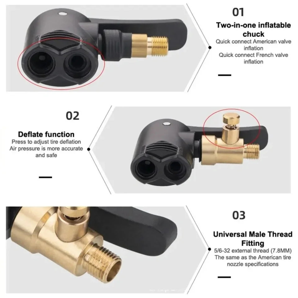 2-in-1 Deflated Schrader/Presta Valve Adapter Portable Tire Air Pump Nozzle Hose Tire Inflator Chuck Inflatable Pump Connector