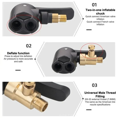 2-in-1 Deflated Schrader/Presta Valve Adapter Portable Tire Air Pump Nozzle Hose Tire Inflator Chuck Inflatable Pump Connector