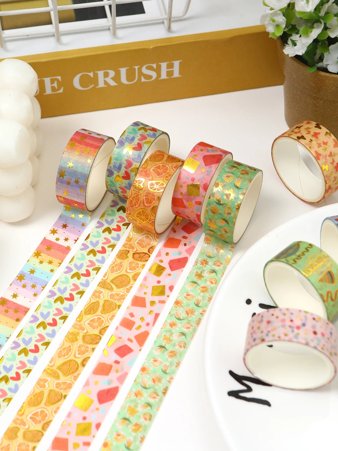 Creative Floral Hot Foil Washi Tape Set,12 Rolls Decorative Masking Tape for Scrapbooking,Journaling,DIY Gift Supplies