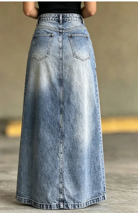 Fashion Distressed Wash Retro Denim Maxi Skirt Women's High Waist Asymmetric Wrap Front Slit Decor Stitching Long Jean Skirt New