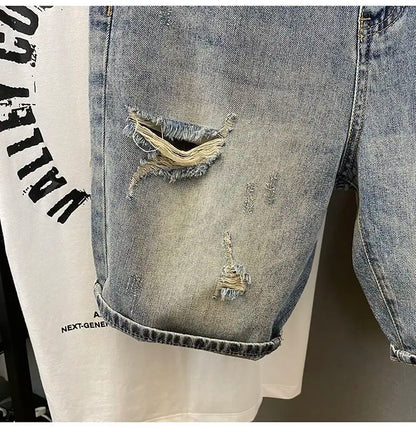 Summer Trendy Brand Handsome Denim Shorts Men's Washed Embroidered Patch Trendy Short Pants Ripped Slim-fit Elastic Middle Pants