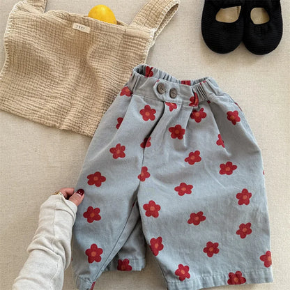 Spring/Summer Calf Length Pants for Girls Floral Print Anti-mosquito Breeches Korean Kid's Loose 7 Point Pants Childrens Clothes