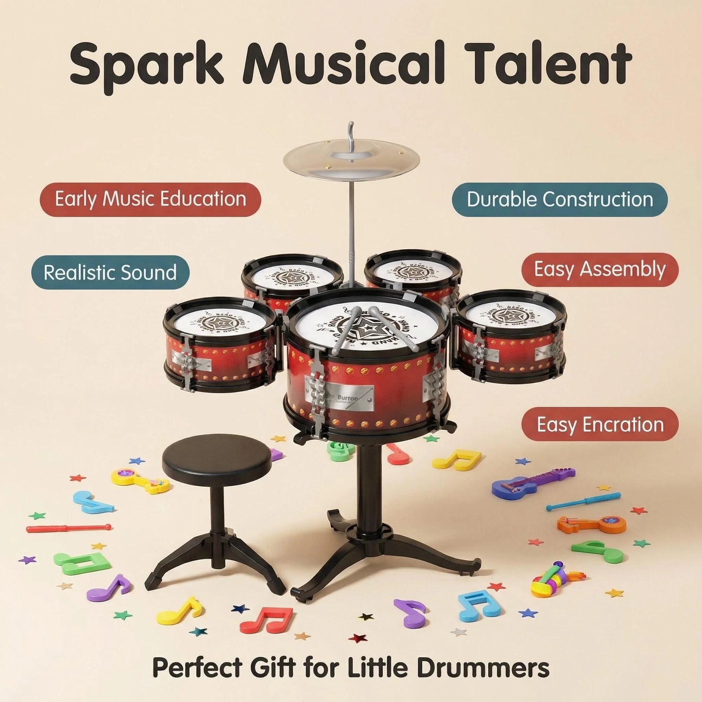 Toddler Drum Set Kids Jazz Drum Kit Educational Percussion Musical Instruments Toy Playset Christmas Birthday Gift for Boys Girl