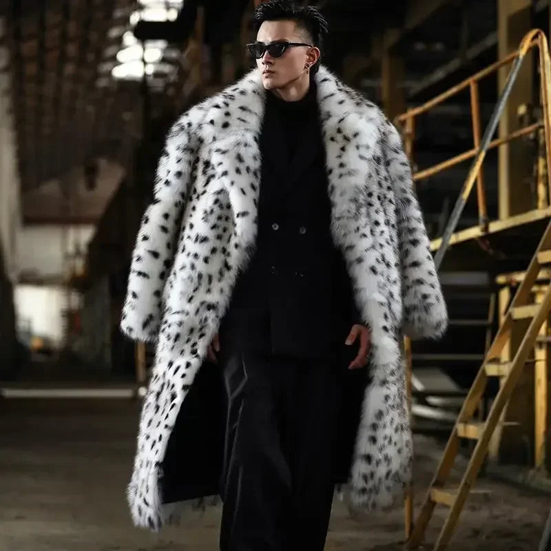 Leopard Men Winter Thick Hooded Faux Fox Fur Coat Jacket Long Sleeve Warm Luxury Fur Black Parkas Bontjas Furry Shaggy Outerwear
