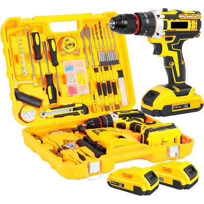 21V Portable Cordless Power Drill Set Impact Screw Driver with 120 Piece Toolbox with 2 Rechargeable Battery LED Light for Home